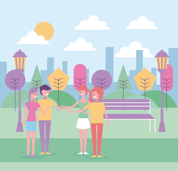 Handschütteln der Leute im städtischen Hintergrund des Parks