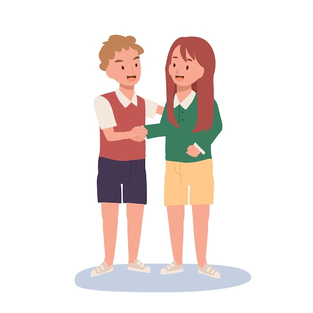 Vektor handshake-konzept für kinder süßes, glückliches kind, das mit einem freund handshake macht flache vektor-cartoon-illustration