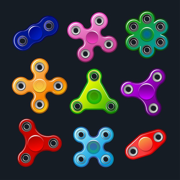 Handspinner - moderne flache vektorobjekte isoliert auf schwarzem hintergrund. verwenden sie hochwertige clipart für präsentationen, banner, flyer. gelbe, grüne, violette, orange, pinke, blaue, rote anti-stress-spielzeuge