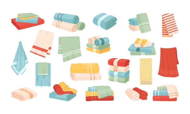 Handtücher für das Badezimmer Vektor-Illustrations-Set Cartoon-Textil-Kollektion mit gerolltem Stoff Hand-Gesichts- und Badetuch-Handtücher hängen auf Hängerschienen liegen in Stapel-Rollen oder Stapel isoliert auf weiß