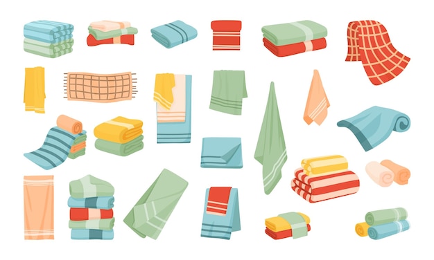 Handtücher für das Badezimmer, Vektor-Illustrationsset. Cartoon-Textilkollektion mit gerollten Stoff-Handgesichts- und Badehandtüchern, die an einer Kleiderstange hängen und in Stapelrolle oder Stapel isoliert auf Weiß liegen