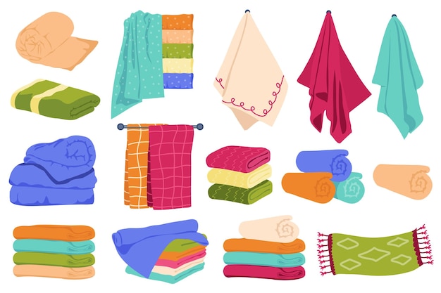 Handtücher setzen grafische Elemente in flachem Design Bündel farbiger Handtücher und Servietten in verschiedenen Formen aufgerollt liegend im Stapel, der an der Badezimmer- oder Küchenwand hängt Vektor-Illustration isolierte Objekte