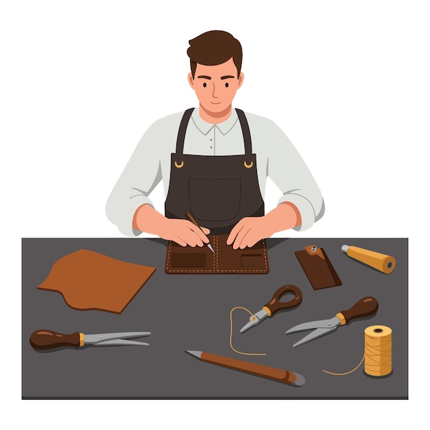 Handwerker arbeitet an der Gestaltung von Lederbrieftaschen in minimaler Vektorkunst