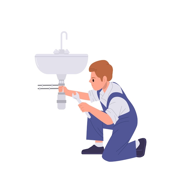 Handwerker, eine Zeichentrickfigur, die ein gebrochenes Waschbeckenrohr mit einem Schraubenschlüssel im Badezimmer oder in der Küche repariert. Vektorillustration, isoliert auf weißem Hintergrund. Klempnermeister, Experte, der Sanitärarbeiten anbietet.