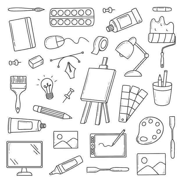 Handwerkzeug-Satz Kunstgegenstände im Skizzenstil Easel Pinsel Farben Bleistifte
