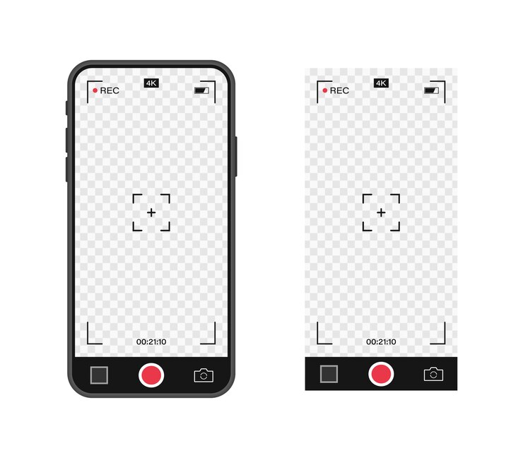 Vektor handy mit aufnahmekamera. sucher-vorlage. videoaufnahmerahmen mit 4k-telefonauflösung. videoaufzeichnungsbildschirm.