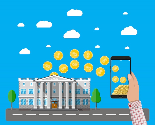 Handy mit goldmünzen und bankgebäude