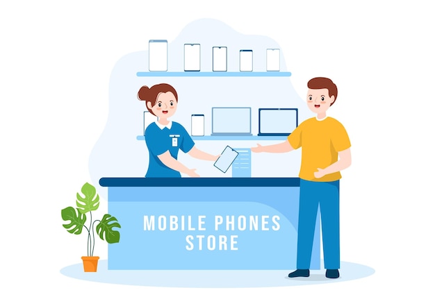 Handy-shop-vorlage handgezeichnete cartoon-flache illustration mit telefonmodellen und zubehör