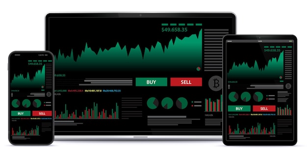 Handy-tablet-pc und laptop-computer mit börsenhandelsdiagramm und finanzbildschirm