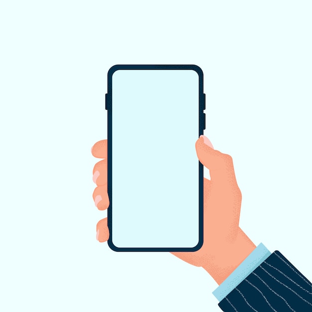 Handy-vorlage. hand, die smartphone mit leerem bildschirm hält, lokalisiert auf tiefem hintergrund. flacher stil. farbvorrat abbildung. vorlage für website und anwendung.