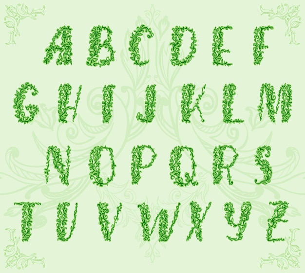 Handzeichnung alphabet mit floralen locken