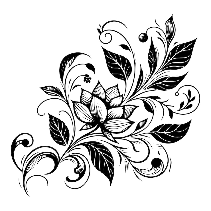 Vektor handzeichnung eines wunderschönen blumenornaments mit blättern und abstrakten schwarzen linien monochrome kontur blume blumendesign element vektor