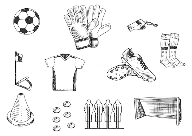 Vektor handzeichnung fußballtraining ausrüstung illustration set.