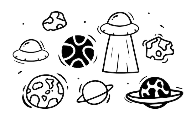 Handzeichnung im doodle-stil. schwarze und weiße planeten. isolierte vektor-illustration.