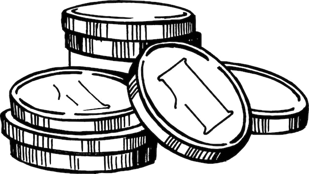 Vektor handzeichnungsskizze von münzkonturen lineart schwarz-weiß-sihouette von münzen