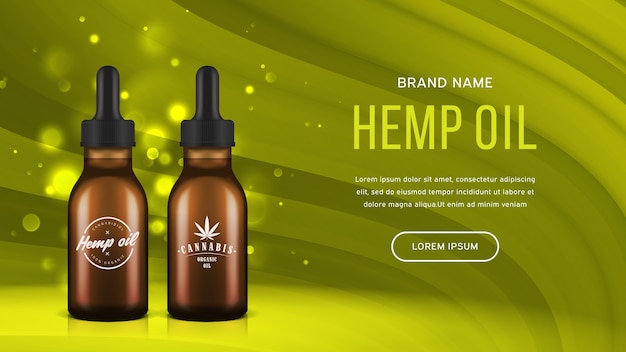 Vektor hanföl banner. realistische flaschen mit medizinischem cannabidiol-produkt.