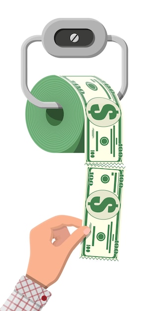 Hank Toilettenpapier-Dollar-Geld. Müllinvestition. Geld zu verlieren oder zu verschwenden, zu viel Geld auszugeben, Konkurs oder Krise. Vektorillustration im flachen Stil