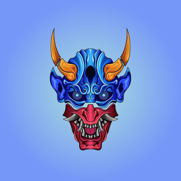 Hannya-maske rot, halb blau und hörner auf dem kopf mit kulturillustration im japanischen stil