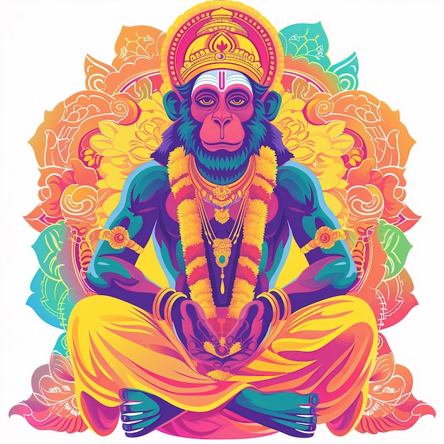 Vektor hanuman in betender pose inmitten einer lebendigen festlichen hintergrundillustration