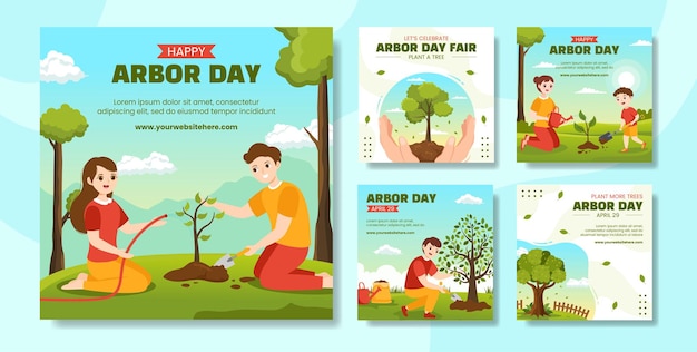 Happy arbor day social media post flache cartoon handgezeichnete vorlagen hintergrund illustration