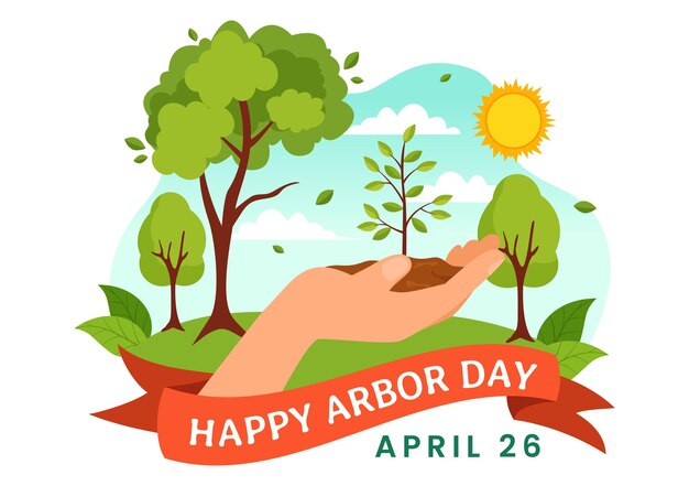 Vektor happy arbor day vector-illustration mit dem pflanzen eines baumes und der naturumgebung