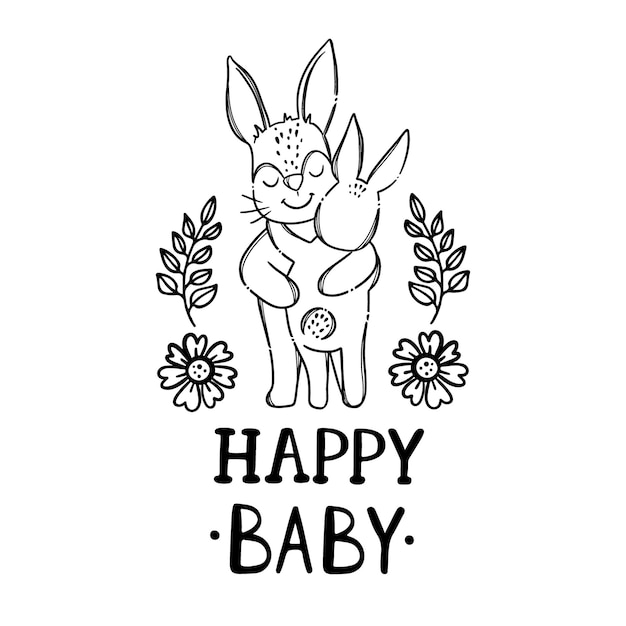 Happy baby.cute kaninchen tiere. handschrift text monochrom hand gezeichnet clipart illustration set