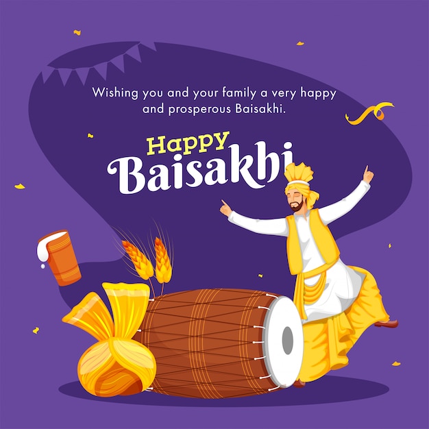 Happy baisakhi festival mit tanzendem punjabi-mann, traditionellem instrument und turban.