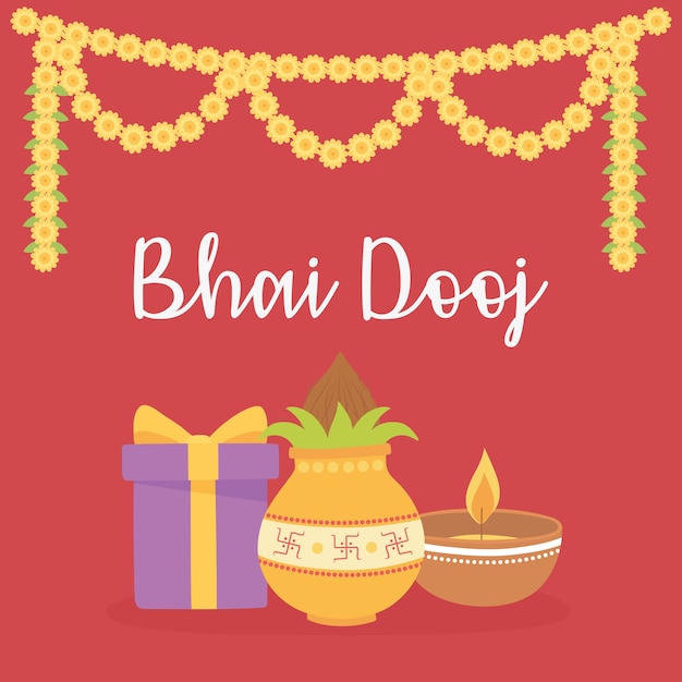 Happy bhai dooj, geschenk essen licht blumen dekoration, indische familienfeier illustration