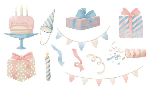 Happy Birthday Aquarellset Handgezeichnete Kollektion mit Geschenkboxen, Girlanden und Kuchen für Babys