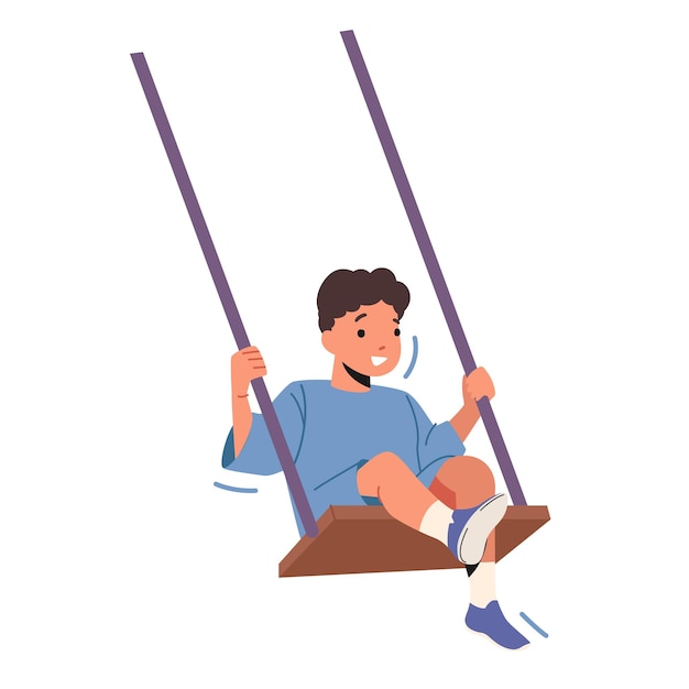 Vektor happy boy swing isoliert auf weißem hintergrund. kleines kind männlicher charakter, der auf seil-tippbrett sitzt und erholung und freiheit genießt. kind auf spielplatz-wippe. cartoon-menschen-vektor-illustration