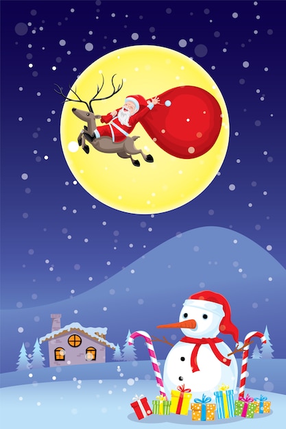 Happy cristmasday santa claus reitet hirsche, um auf dem himmel zu fliegen, und hat einen vollmond