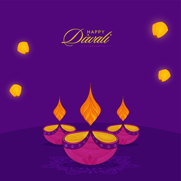 Happy diwali celebration concept mit wunderschönen beleuchteten öllampen und laternen auf violettem hintergrund