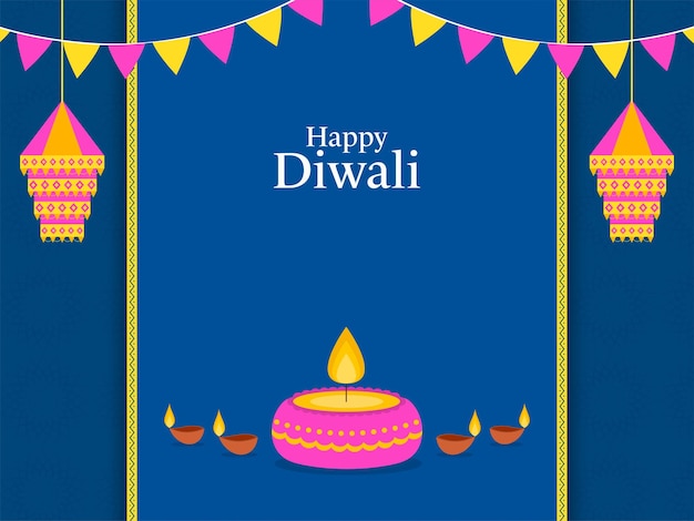 Happy Diwali Celebration Poster Design mit beleuchteten Öllampen Diya traditionellen Laternen Kandeel und Bunting Flags auf blauem Hintergrund