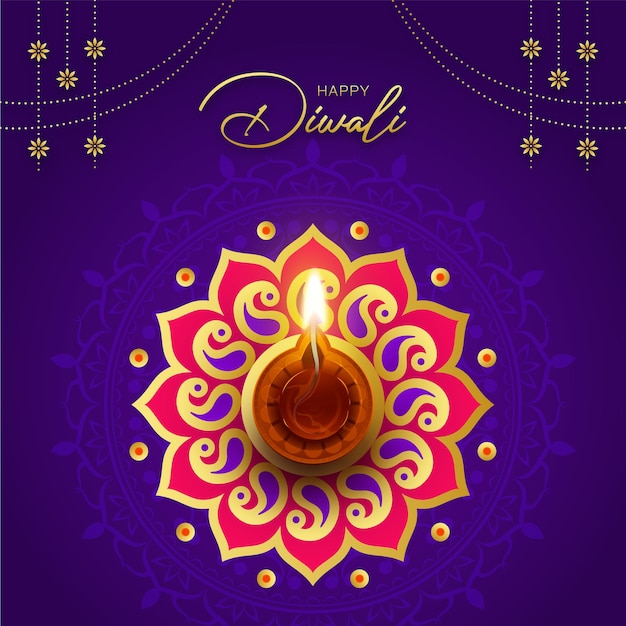 Happy Diwali Eleganter goldener Diamant Diya und Mandala