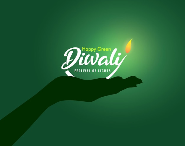 Happy diwali festival - grüne diya-lampen leuchteten während der diwali-feier auf, grünes blatt-öko-konzept