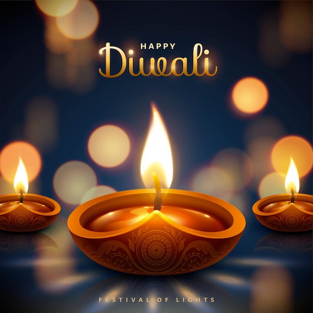 Happy diwali festival mit öllampen auf bokeh blauem hintergrund