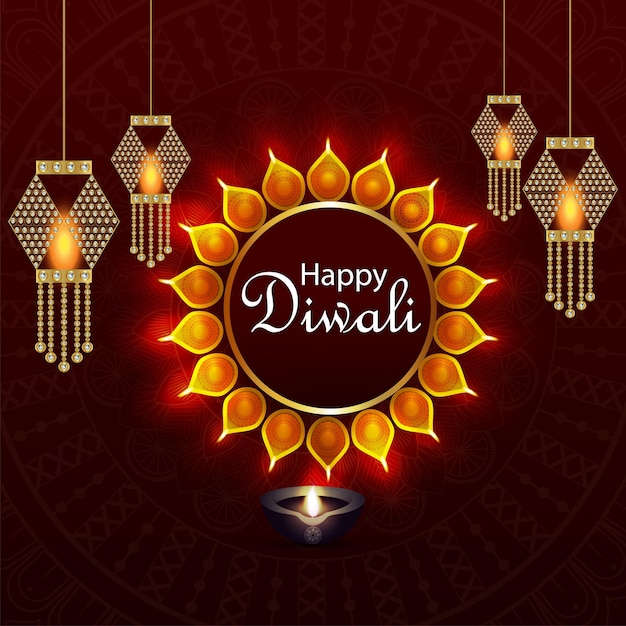 Vektor happy diwali festival of light grußkarte mit kreativem diwali diya und laterne