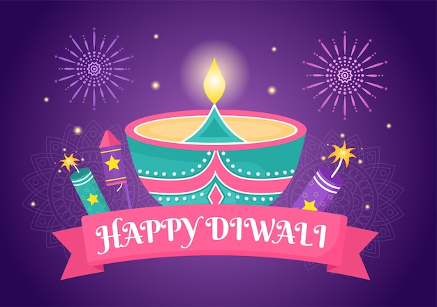 Happy diwali hindu festival hintergrund vektor-illustration mit laternen, feuerwerk, pfau und mandala oder rangoli-kunst für poster, grußkarten-vorlage anzünden