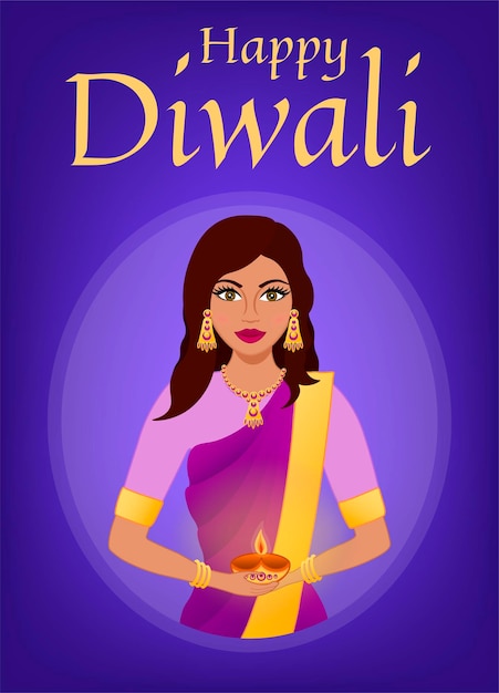 Happy diwali hindu festival indisches lichterfest avatar einer schönen indischen frau, die sari trägt und eine lampe trägt