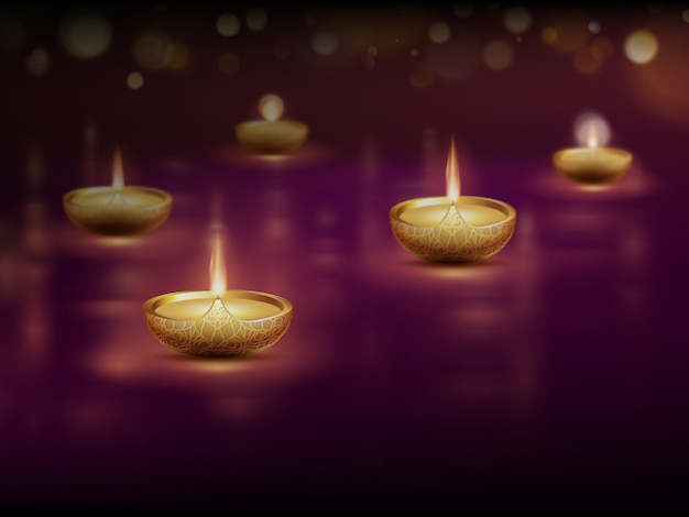 Happy Diwali, Plakatschablone mit brennenden Diya-Öllampenkerzen.
