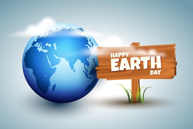 Vektor happy earth day illustration mit globus und holzbrett