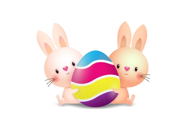 Happy easter little rabbit bunny mit einer bemalten ei-banner-vorlage isoliert auf weißem hintergrund 3d