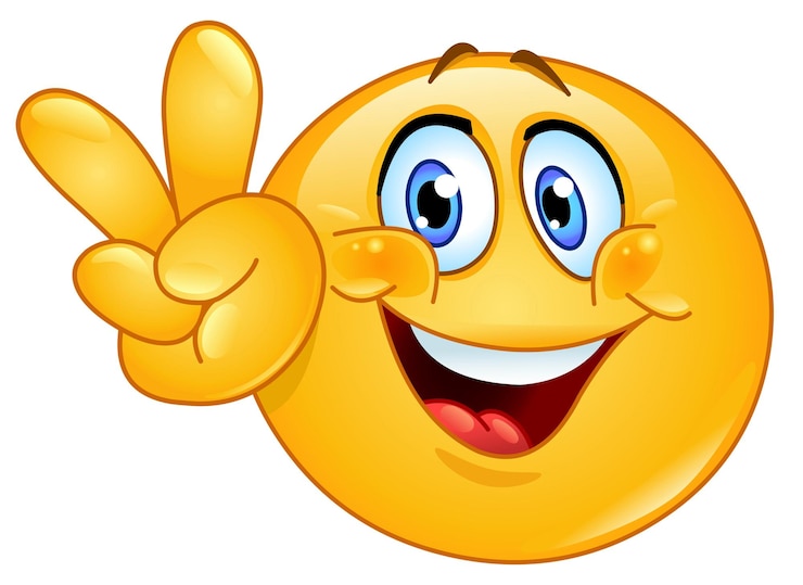 Vektor happy emoji macht das v-zeichen mit seinen fingern friedenssieg oder vegane geste