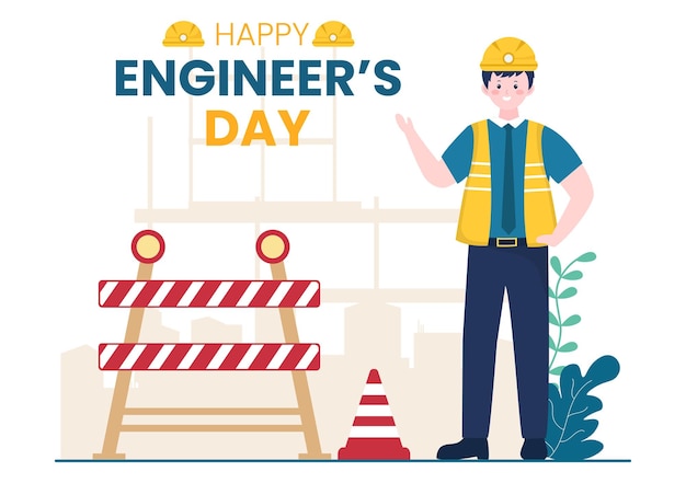 Happy engineers day illustration gedenkfeier für ingenieur mit arbeiter und werkzeugen in flachem cartoon