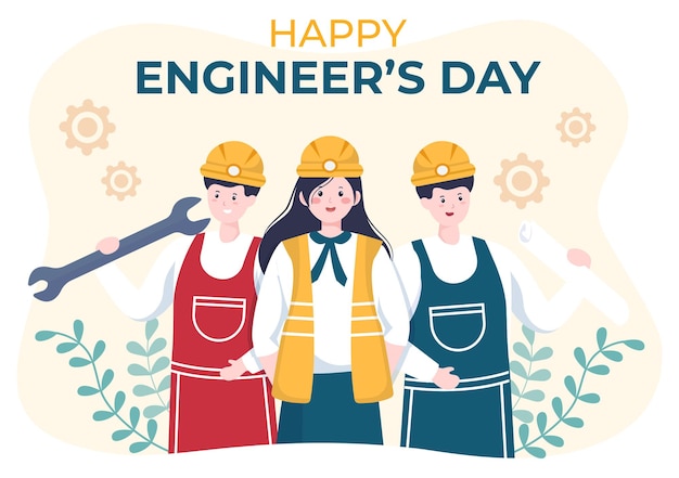 Happy engineers day illustration gedenkfeier für ingenieur mit arbeiter und werkzeugen in flachem cartoon