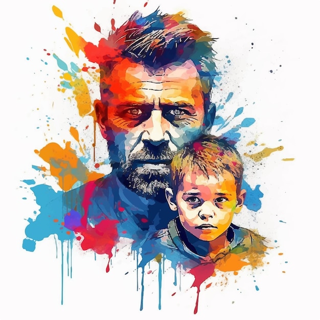 Vektor happy father's day poster illustration aquarell ein sohn mit seinem vater