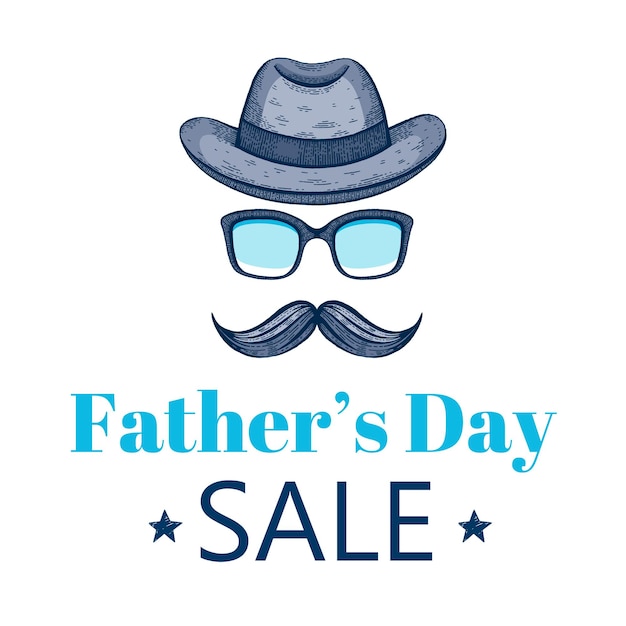 Happy father s day sale angebot elegantes poster mit gentleman retro-gesicht mit schnurrbart melone fedora hut brille skizzenzeichnung mit typografie-text für papa verkauf isoliert auf weißem hintergrund