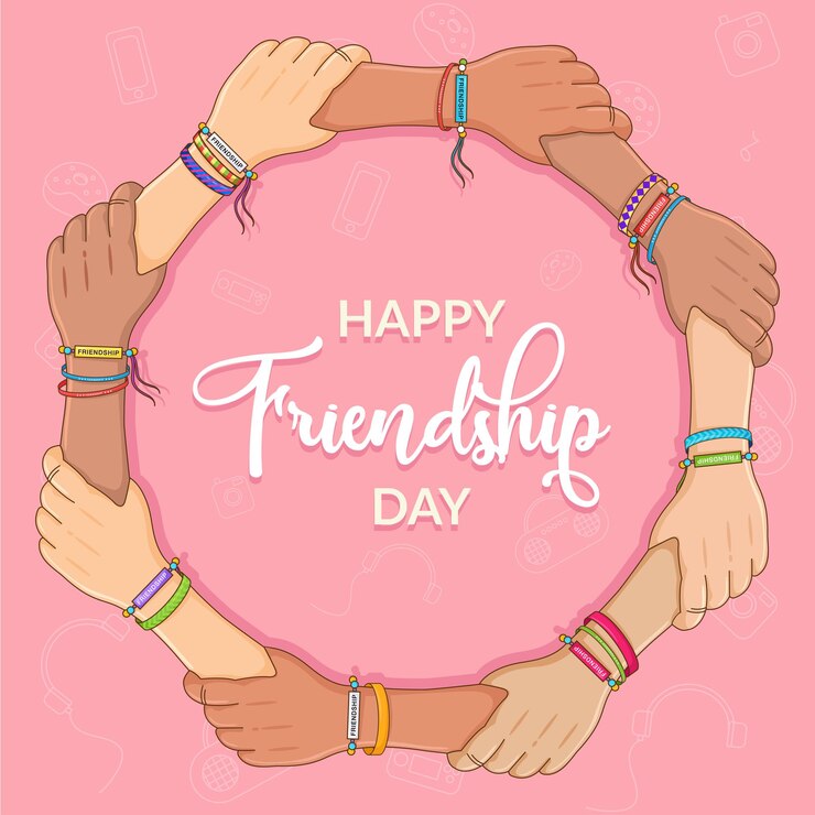 Happy Friendship Day Freunde mit Stapel von Händen, die Einheit und Teamwork zeigen Draufsicht Leute, die ihre Hände zusammenfügen