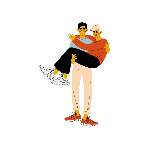 Happy Gay Male Couple Mann hält seine Geliebte in den Händen Romantische homosexuelle Beziehung Vektor-Illustration auf weißem Hintergrund