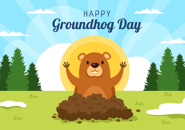 Happy groundhog day am 2. februar mit süßem murmeltier-charakter und garten-hintergrundillustration